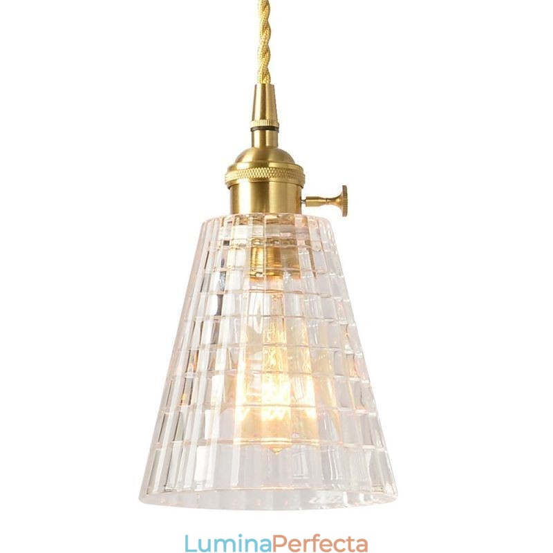 Lampă de alamă cu suspendare din sticlă cu nervuri, pătrată, cu iluminare rotativă