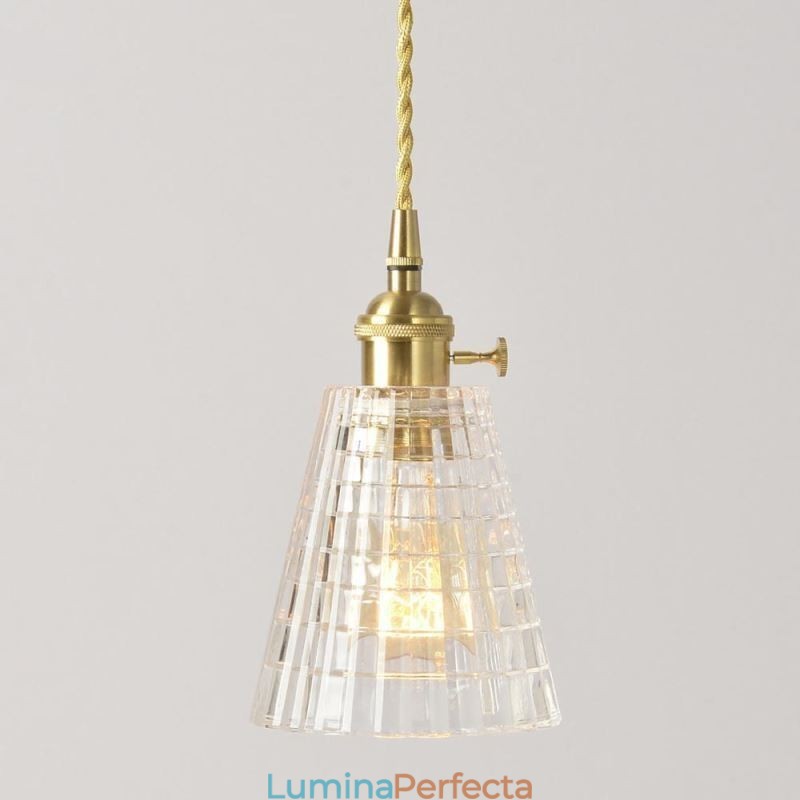 Lampă de alamă cu suspendare din sticlă cu nervuri, pătrată, cu iluminare rotativă