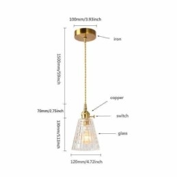 Lampă de alamă cu suspendare din sticlă cu nervuri, pătrată, cu iluminare rotativă