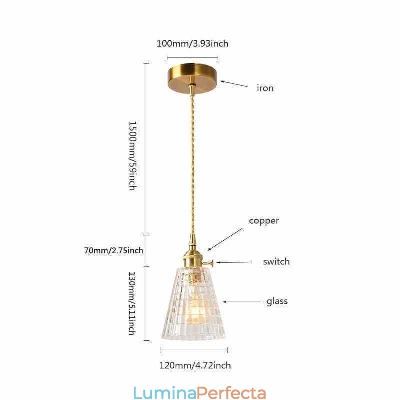 Lampă de alamă cu suspendare din sticlă cu nervuri, pătrată, cu iluminare rotativă