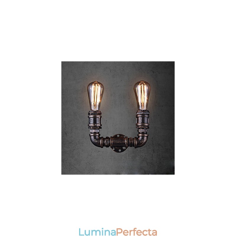 Aplică De Perete Epocă, Metalică, Conductă De Apă, 2 Lumini, Cu Bec Edison