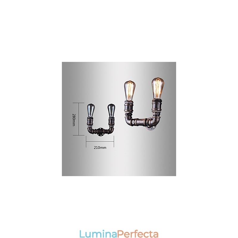 Aplică De Perete Epocă, Metalică, Conductă De Apă, 2 Lumini, Cu Bec Edison
