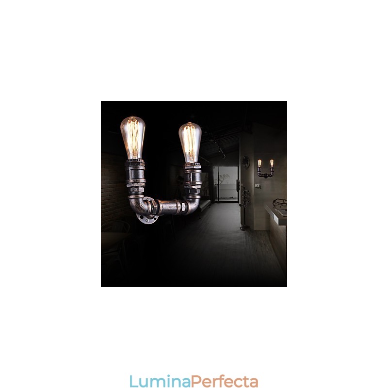 Aplică De Perete Epocă, Metalică, Conductă De Apă, 2 Lumini, Cu Bec Edison