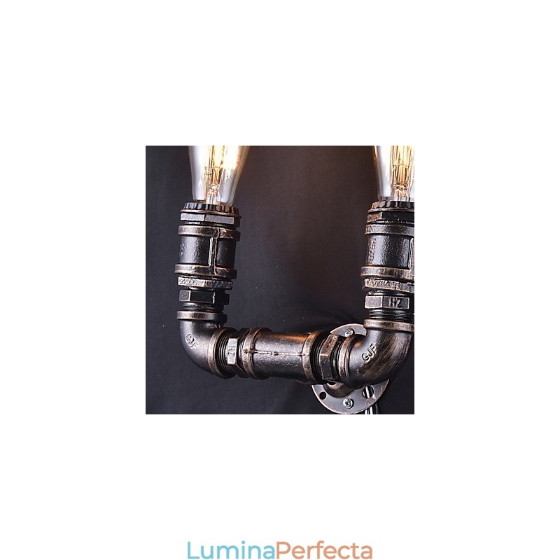 Aplică De Perete Epocă, Metalică, Conductă De Apă, 2 Lumini, Cu Bec Edison