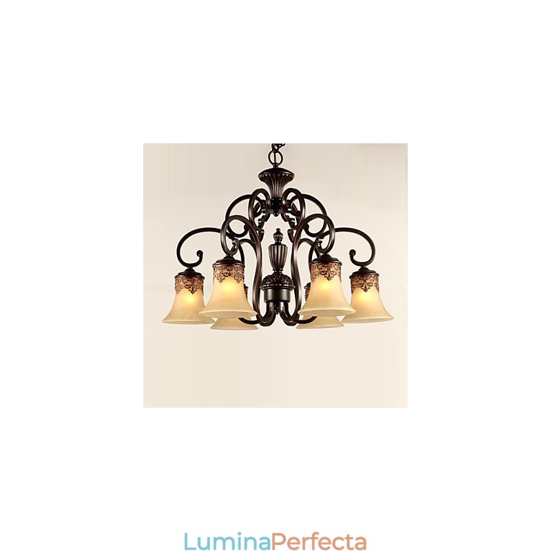 Candelabru Pandantiv 6 Lumini Abajur Jos Vintage Country Metal+Sticlă