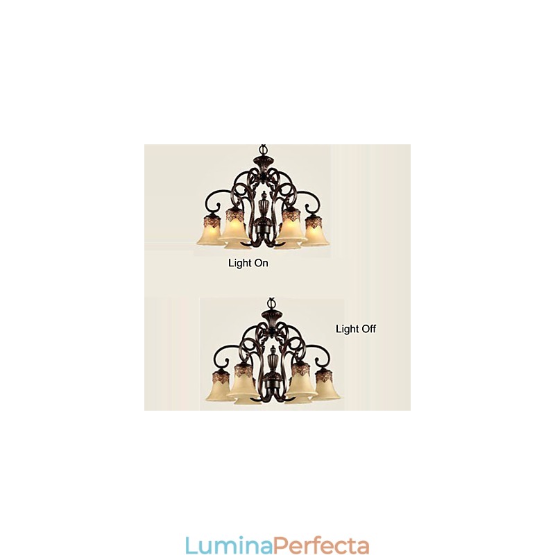 Candelabru Pandantiv 6 Lumini Abajur Jos Vintage Country Metal+Sticlă
