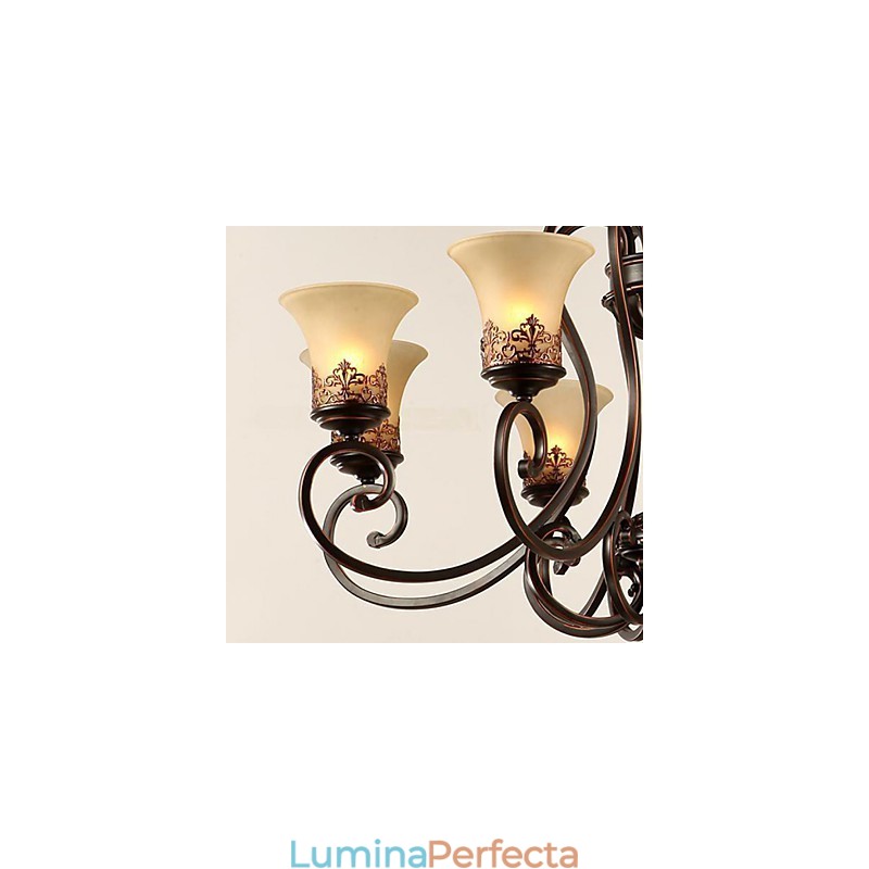 Candelabru Pandantiv 6 Lumini Abajur Jos Vintage Country Metal+Sticlă