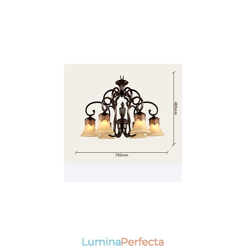 Candelabru Pandantiv 6 Lumini Abajur Jos Vintage Country Metal+Sticlă