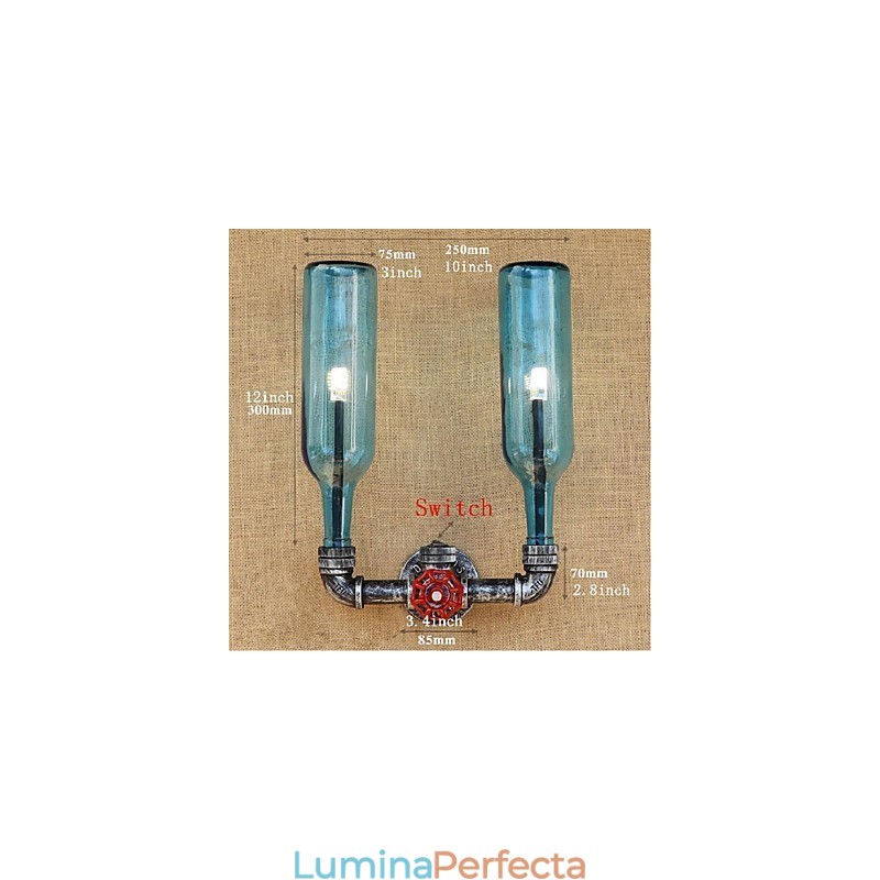 Întrerupător de vânt industrial retro, sticlă de apă, lampă de perete albastru