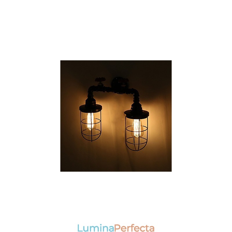 Aplice de perete cu țeavă industrială retro cu 2 capete Loft simplu, cușcă de păsări neagră, metal pentru sufragerie, bucătărie, bar, iluminat de decorare a cafenelei