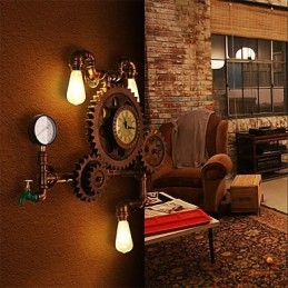 Aplice de perete cu țeavă industrială de epocă, formă de roată din lemn, lumini rotative creative, iluminat de decorare pentru bar, restaurant, cafenea