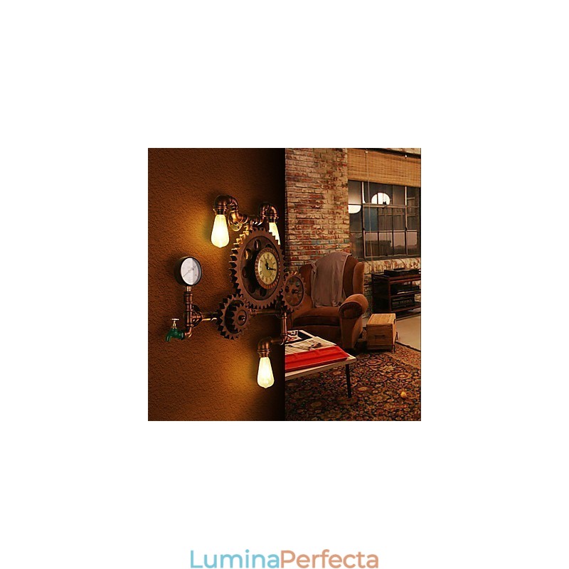 Aplice de perete cu țeavă industrială de epocă, formă de roată din lemn, lumini rotative creative, iluminat de decorare pentru bar, restaurant, cafenea