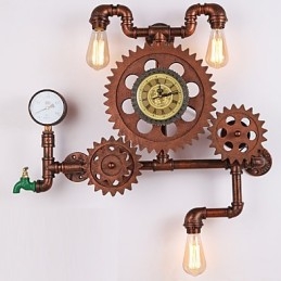 Aplice de perete cu țeavă industrială de epocă, formă de roată din lemn, lumini rotative creative, iluminat de decorare pentru bar, restaurant, cafenea