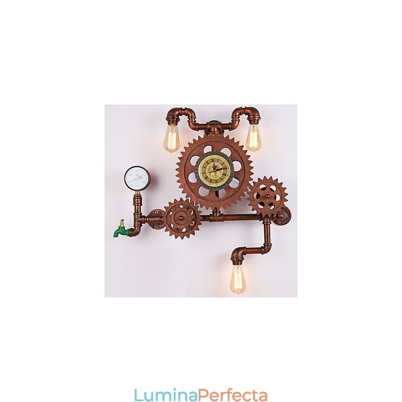Aplice de perete cu țeavă industrială de epocă, formă de roată din lemn, lumini rotative creative, iluminat de decorare pentru bar, restaurant, cafenea