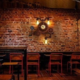 Aplice de perete cu țeavă industrială de epocă, formă de roată din lemn, lumini rotative creative, iluminat de decorare pentru bar, restaurant, cafenea