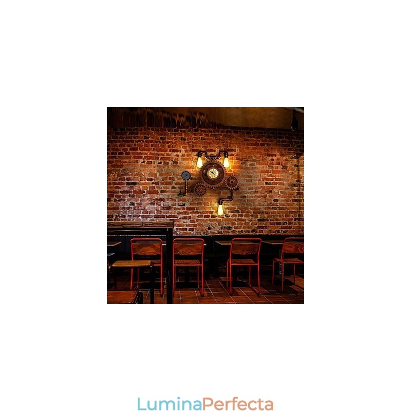 Aplice de perete cu țeavă industrială de epocă, formă de roată din lemn, lumini rotative creative, iluminat de decorare pentru bar, restaurant, cafenea