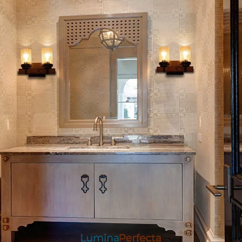 Lampă de perete vintage din lemn cu 2 lumini, stil industrial, pentru barul de vânt, cafenea, restaurant