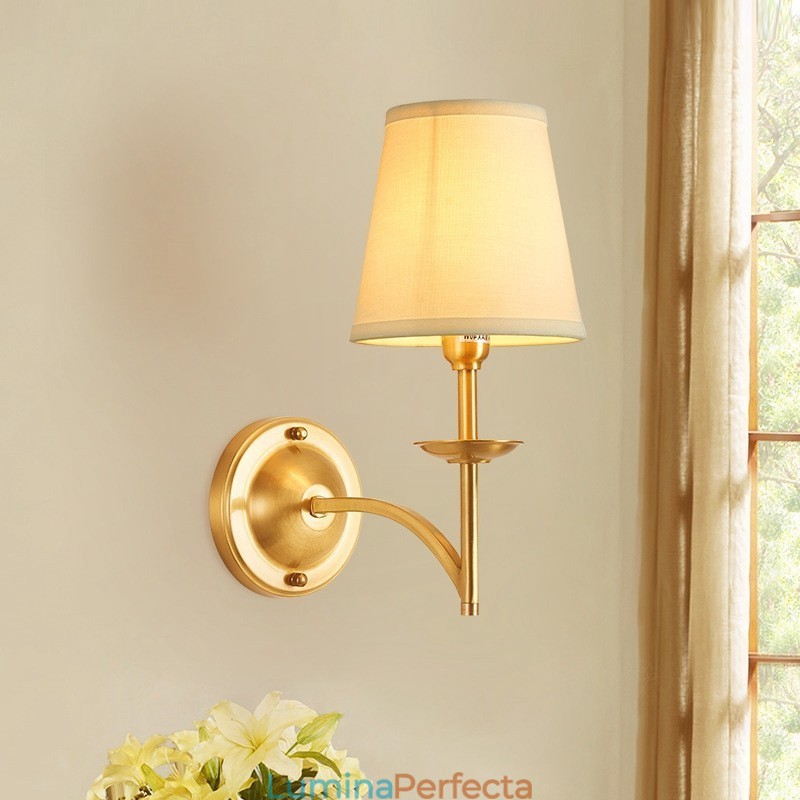 Alamă pură, de lux, rustic, retro, epocă, 1 lumânare, lumină de perete, cu abajur din țesătură, special pentru dormitor de hotel, showroom, sufragerie