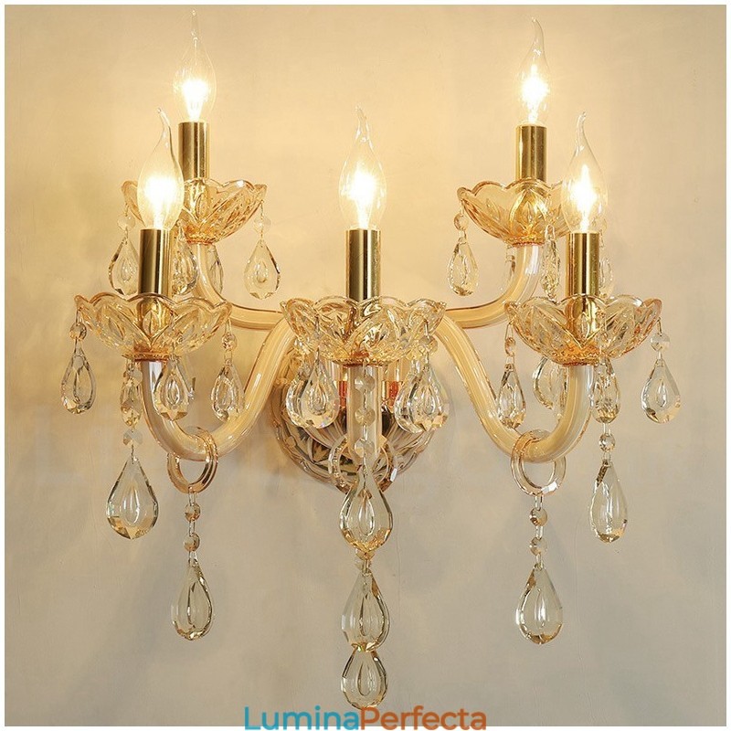 Lumină de perete retro din sticlă cu lumânare de cristal K9 auriu cu 5 lumini