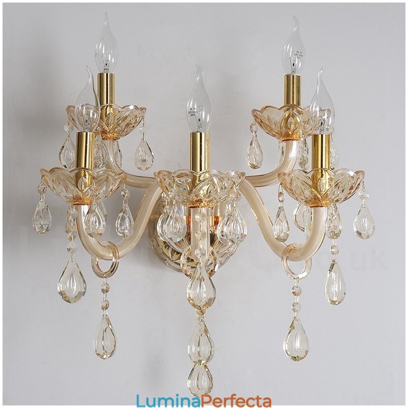 Lumină de perete retro din sticlă cu lumânare de cristal K9 auriu cu 5 lumini