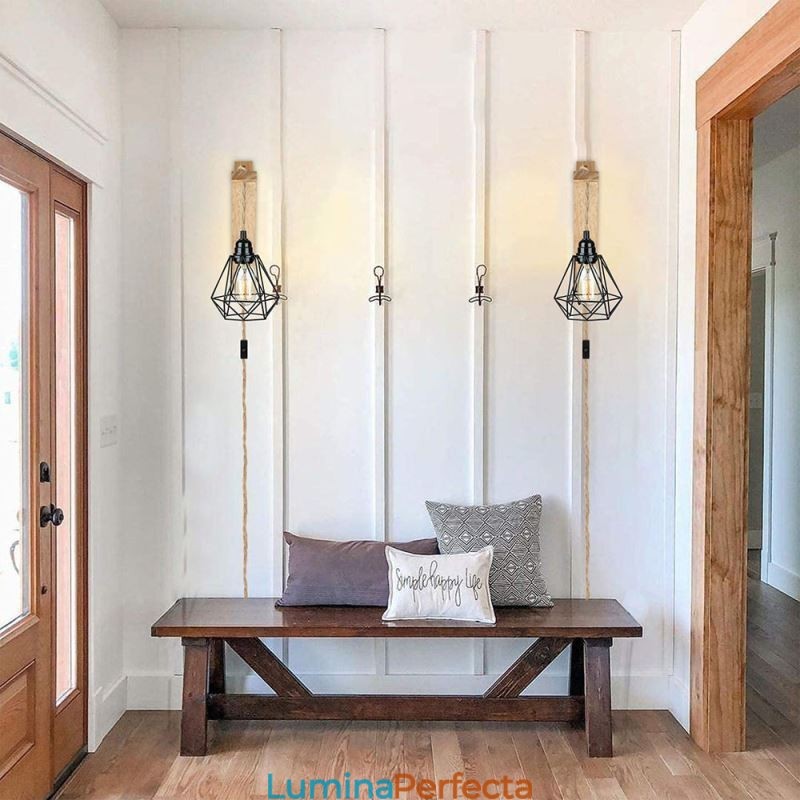 Lampă de perete retro americană 2,5 m frânghie de cânepă sârmă agățată abajur vopsit din fier negru