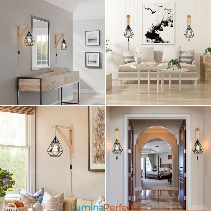 Lampă de perete retro americană 2,5 m frânghie de cânepă sârmă agățată abajur vopsit din fier negru