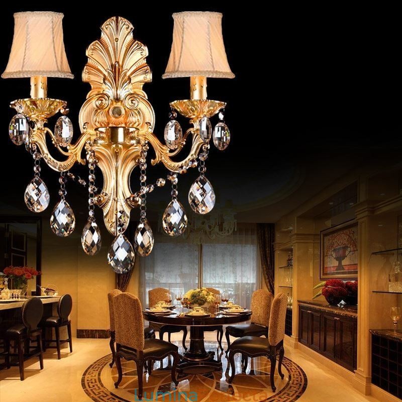 Lampă de perete europeană Aplice de perete cu petale de aur Picături de cristal rafinate Iluminare de noptieră