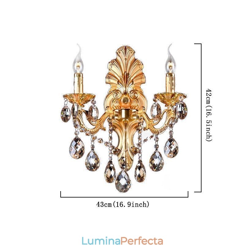 Lampă de perete europeană Aplice de perete cu petale de aur Picături de cristal rafinate Iluminare de noptieră