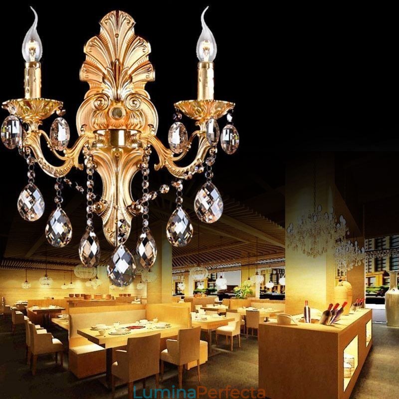 Lampă de perete europeană Aplice de perete cu petale de aur Picături de cristal rafinate Iluminare de noptieră