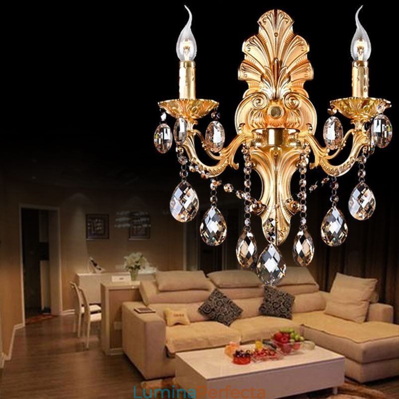 Lampă de perete europeană Aplice de perete cu petale de aur Picături de cristal rafinate Iluminare de noptieră
