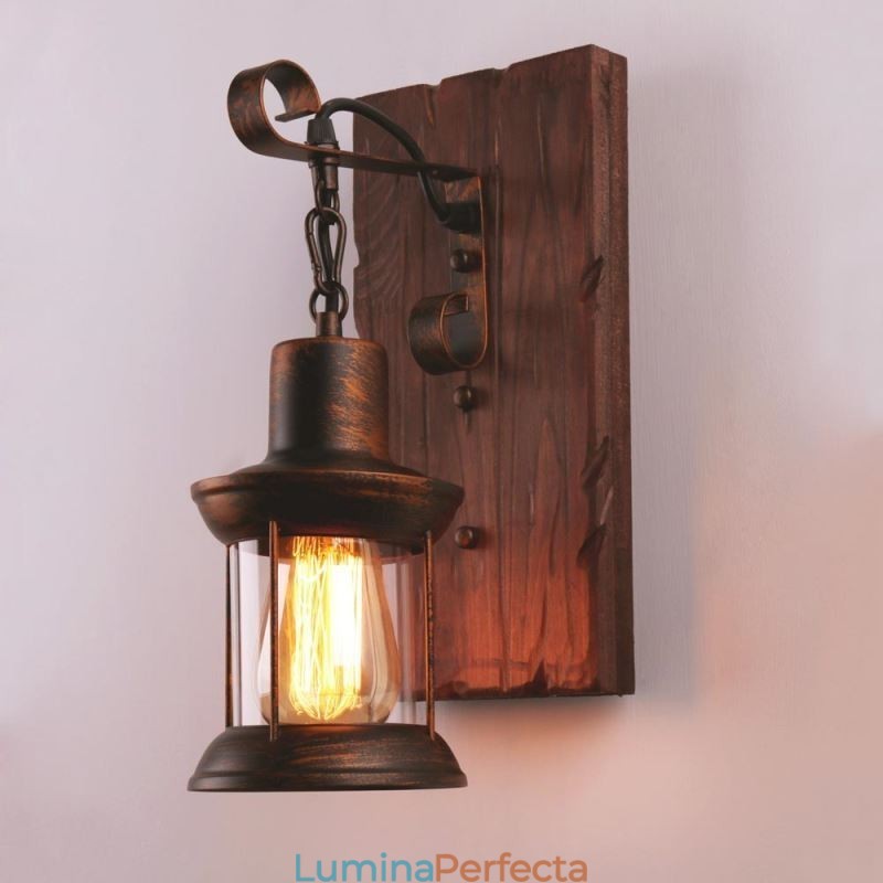 Lampă de perete vintage americană Industrial LOFT Applique de perete din lemn masiv din sticlă