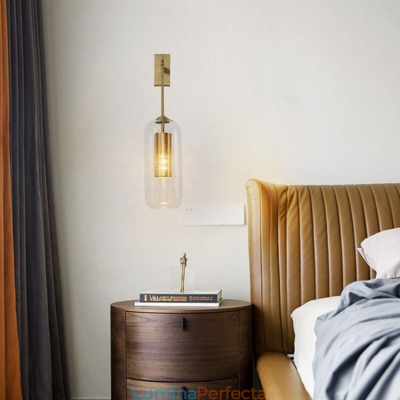 Lampă de perete din alamă nordică Abajur de sticlă cilindru scobit interior