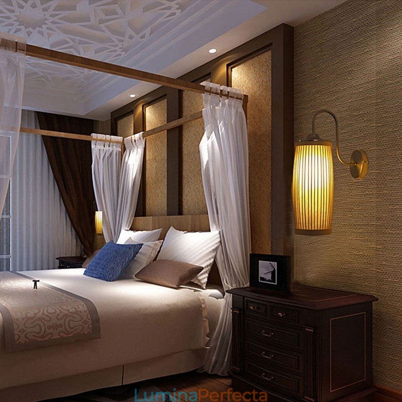 Lampă de perete cu design tambur în talie Applique de perete din bambus creativ Scări de noptieră Iluminat rural