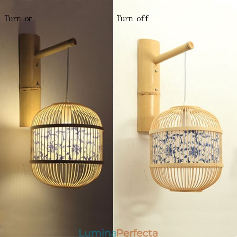 Lampă de perete cu design cușcă Aplice de perete suspendată din bambus, lumina decorativă de noptieră