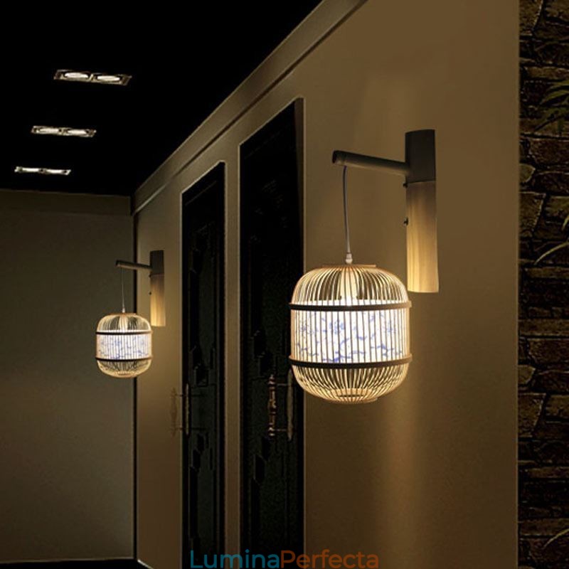 Lampă de perete cu design cușcă Aplice de perete suspendată din bambus, lumina decorativă de noptieră