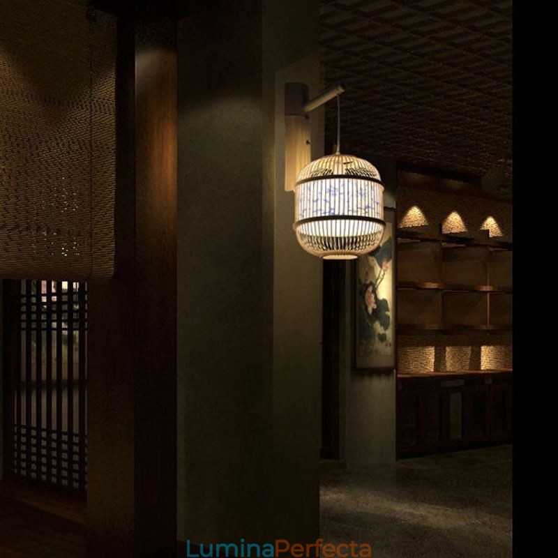 Lampă de perete cu design cușcă Aplice de perete suspendată din bambus, lumina decorativă de noptieră