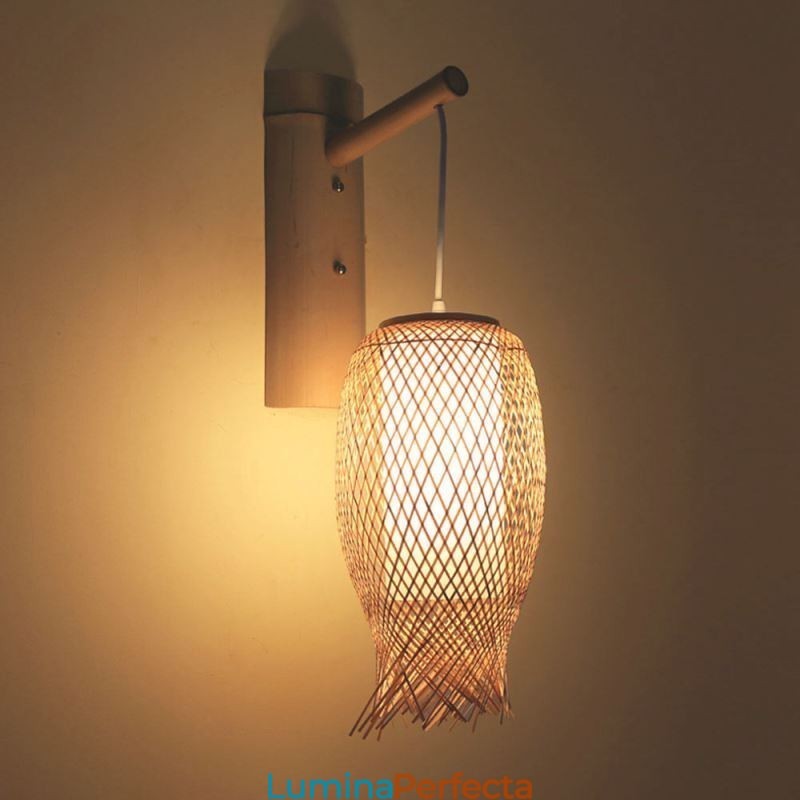 Aplic de perete din bambus în jos Aplic de perete rotund pentru noptiera ceainărie Lumină creativă