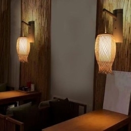 Aplic de perete din bambus în jos Aplic de perete rotund pentru noptiera ceainărie Lumină creativă