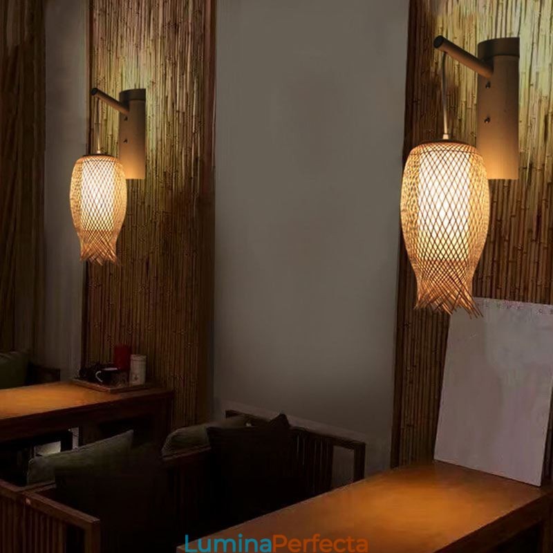 Aplic de perete din bambus în jos Aplic de perete rotund pentru noptiera ceainărie Lumină creativă