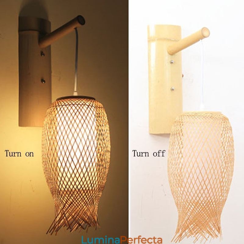 Aplic de perete din bambus în jos Aplic de perete rotund pentru noptiera ceainărie Lumină creativă