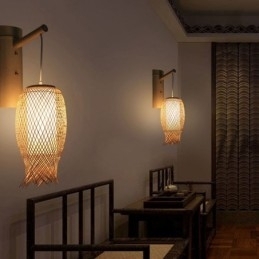 Aplic de perete din bambus în jos Aplic de perete rotund pentru noptiera ceainărie Lumină creativă