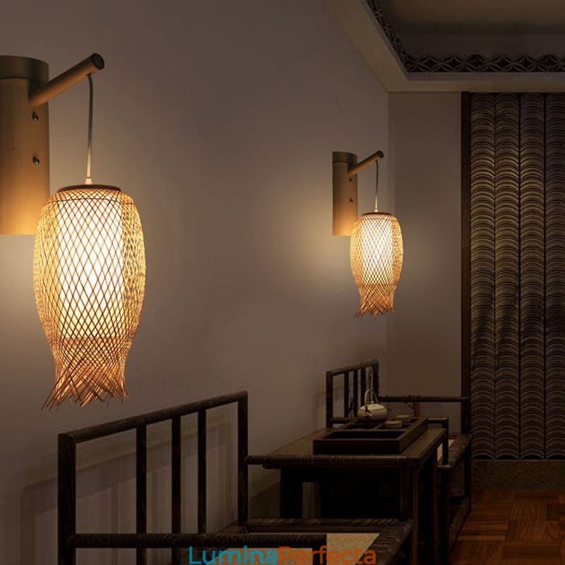 Aplic de perete din bambus în jos Aplic de perete rotund pentru noptiera ceainărie Lumină creativă