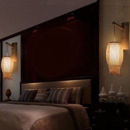 Aplic de perete din bambus în jos Aplic de perete rotund pentru noptiera ceainărie Lumină creativă