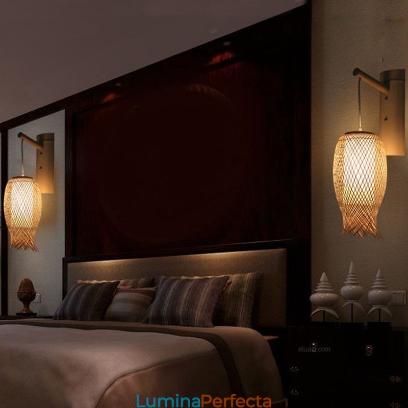 Aplic de perete din bambus în jos Aplic de perete rotund pentru noptiera ceainărie Lumină creativă