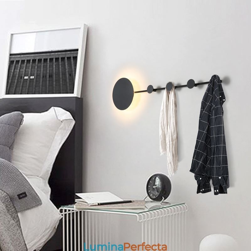 Aplică de perete modernă Aplică circulară de perete cu cârlig negru Iluminat de noptieră