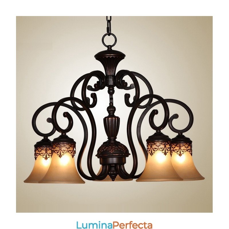 Candelabru din metal cu montaj încadrat cu pictură rustică de epocă