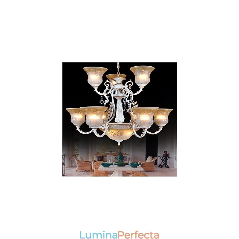 Candelabru alb cu model douăsprezece lumini abajur din sticlă aurit manual retro clasic european