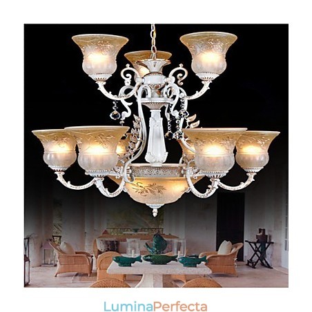 Candelabru alb cu model douăsprezece lumini abajur din sticlă aurit manual retro clasic european Candelabru alb cu model douăsprezece lumini abajur din sticlă aurit manual retro clasic european