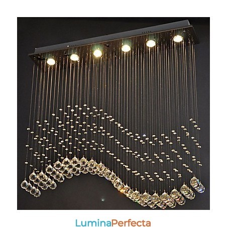 Lampă suspendată cu 6 lumini Corpuri de iluminat de tavan cu valuri de cristal transparent, argintiu modern Lampă suspendată cu 6 lumini Corpuri de iluminat de tavan cu valuri de cristal transparent, argintiu modern