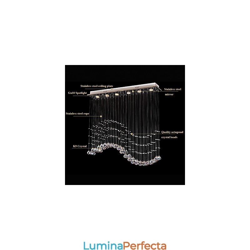 Lampă suspendată cu 6 lumini Corpuri de iluminat de tavan cu valuri de cristal transparent, argintiu modern